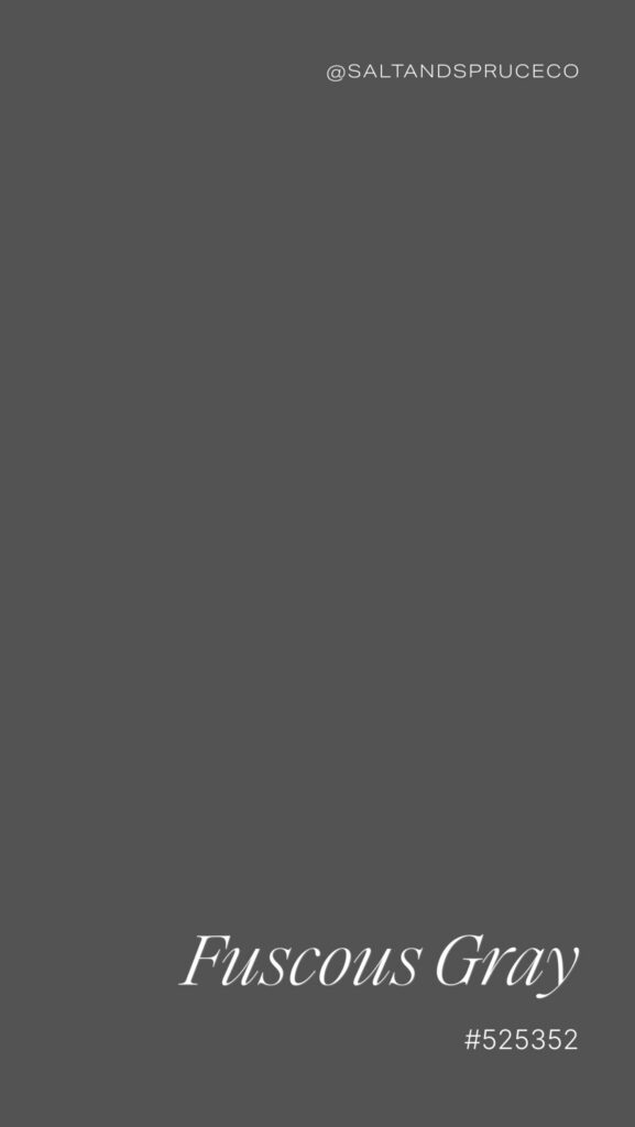A solid background of fusous gray (#525352) with the text @SALTANDSPRUCECO at the top right and Fuscous Gray #525352 at the bottom right in white font.