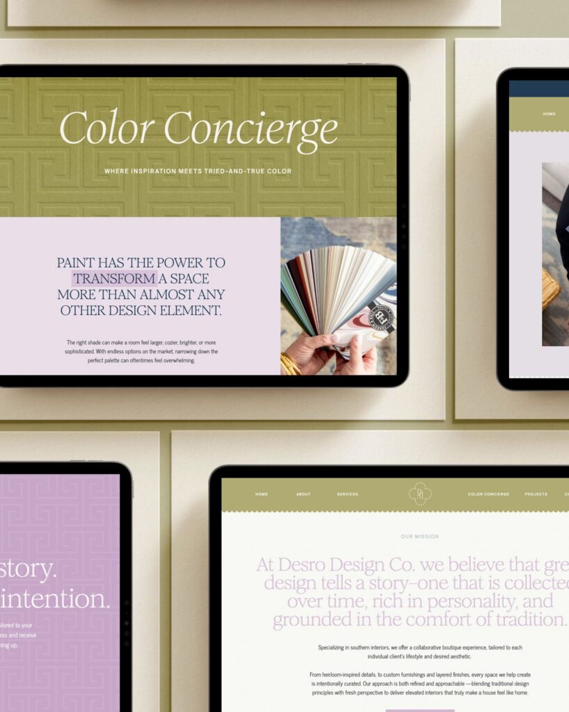 Four tablet screens display sections of a website for Color Concierge, featuring elegant fonts, muted pastel backgrounds, and design-themed content including text about paint and a hand holding a fan deck of color samples.