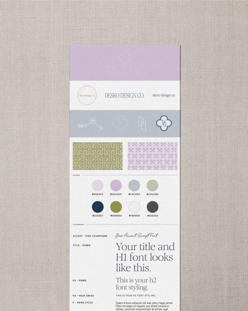 A branding board featuring logos, color palettes, pattern samples, and font styles for Desro Design Co., displayed on a textured beige background. The design uses soft pastel and neutral tones.