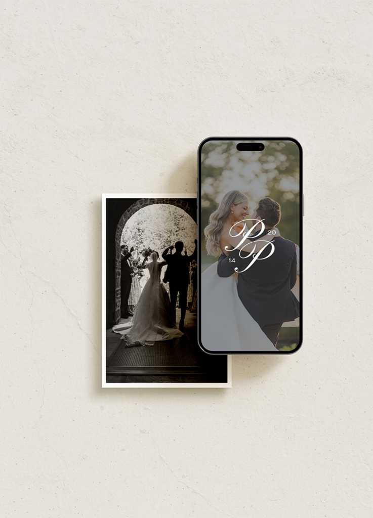 A black-and-white photo of a newlywed couple walking under a floral arch is placed next to a smartphone displaying a color photo of the couple embracing, with elegant white initials and a date overlay.