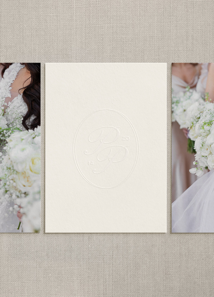 A textured beige background displays a white embossed card with elegant initials in the center, flanked by two photos of brides holding white bouquets—showcasing Tonic template customization for photographers.