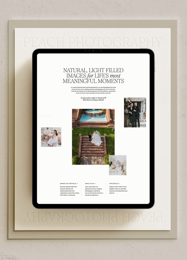 An iPad displays a photography portfolio with weddings and couples, surrounded by a beige mat embossed with “PEACH PHOTOGRAPHY.” Elegant text and Tonic template customization for photographers highlight natural, light-filled images for meaningful moments.