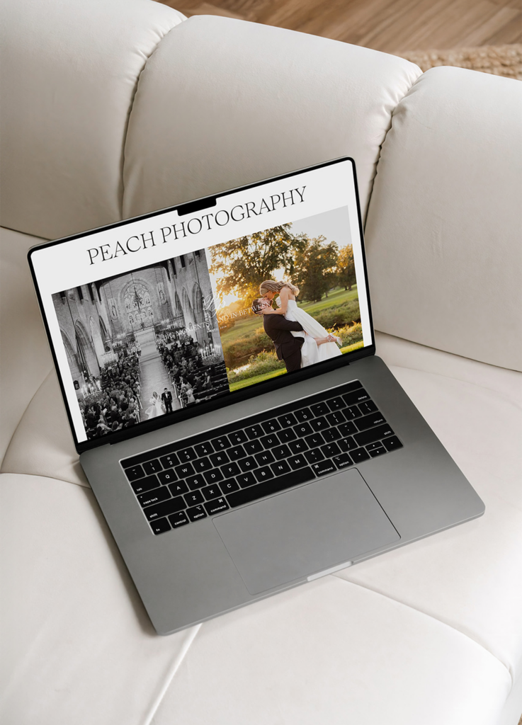 A laptop on a white couch displays a website titled Peach Photography, showcasing Tonic template customization for photographers with two wedding photos: one black-and-white church ceremony and one color outdoor couple's embrace.