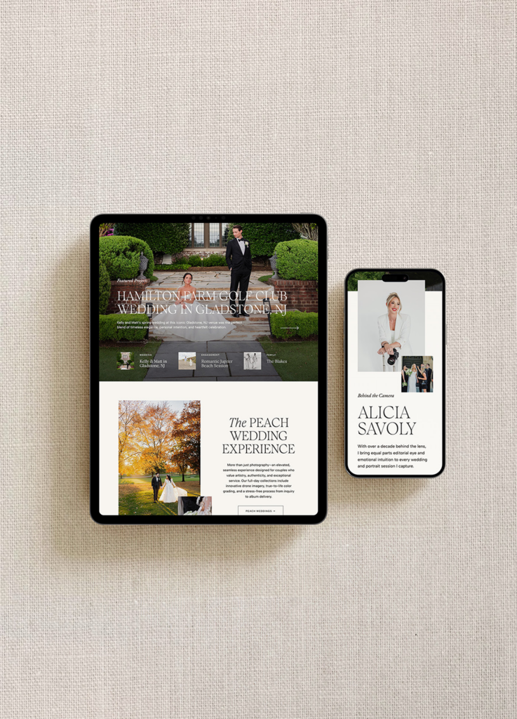 A tablet and smartphone displaying a wedding website designed with Tonic template customization for photographers, resting on a beige textured surface. The tablet shows a couple outdoors, while the phone features guest information and a woman's portrait.