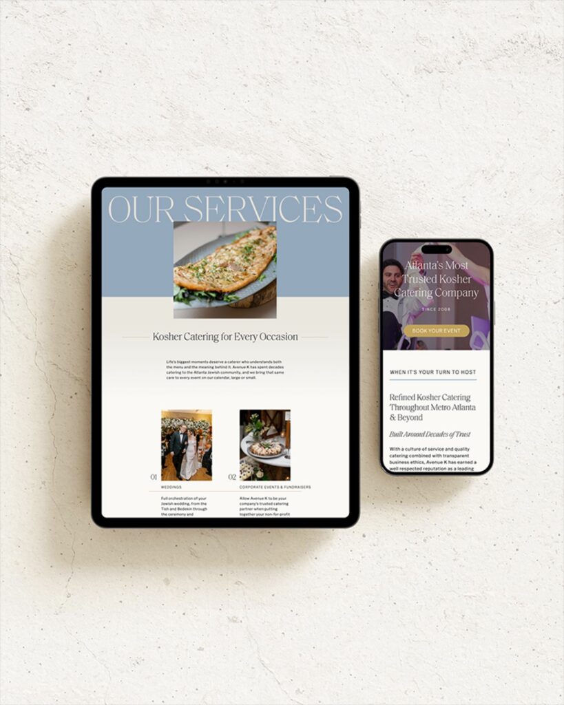 A tablet and smartphone displaying the Our Services and About Us pages of a catering website.