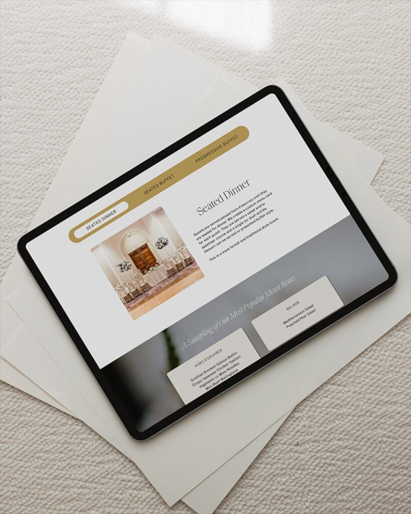 A tablet displaying a wedding catering menu with options for seated dinner and buffet, featuring a photo of a formal dining room setup and lists of hors doeuvres and salads.