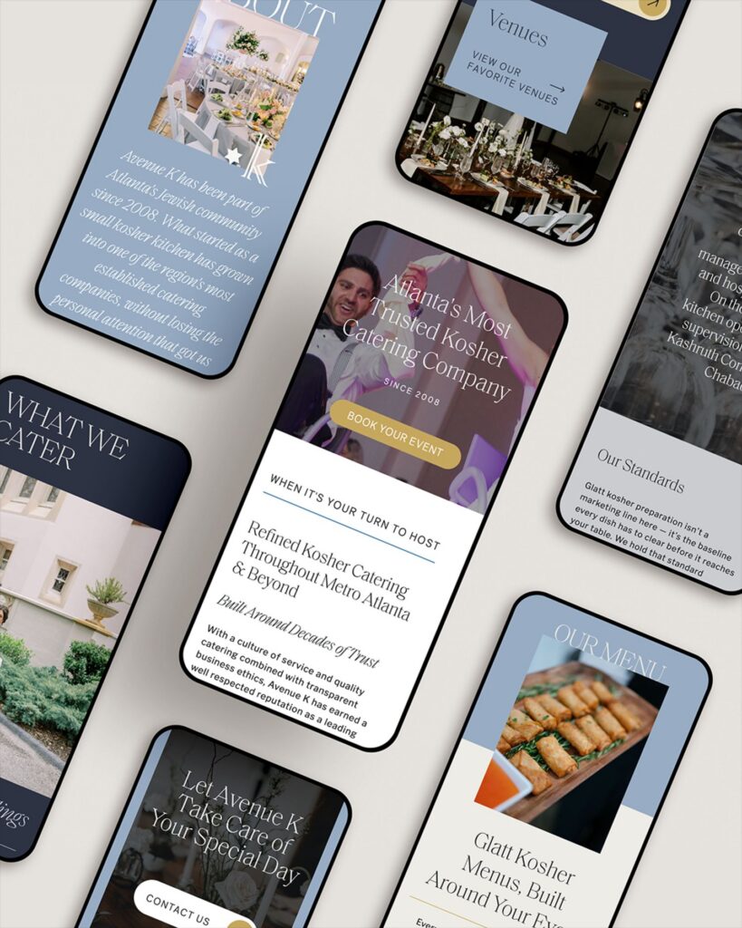A collage of mobile phone screens displaying the Avenue K catering website, featuring images of event tables, a catering team, and food, alongside text about their kosher catering services.