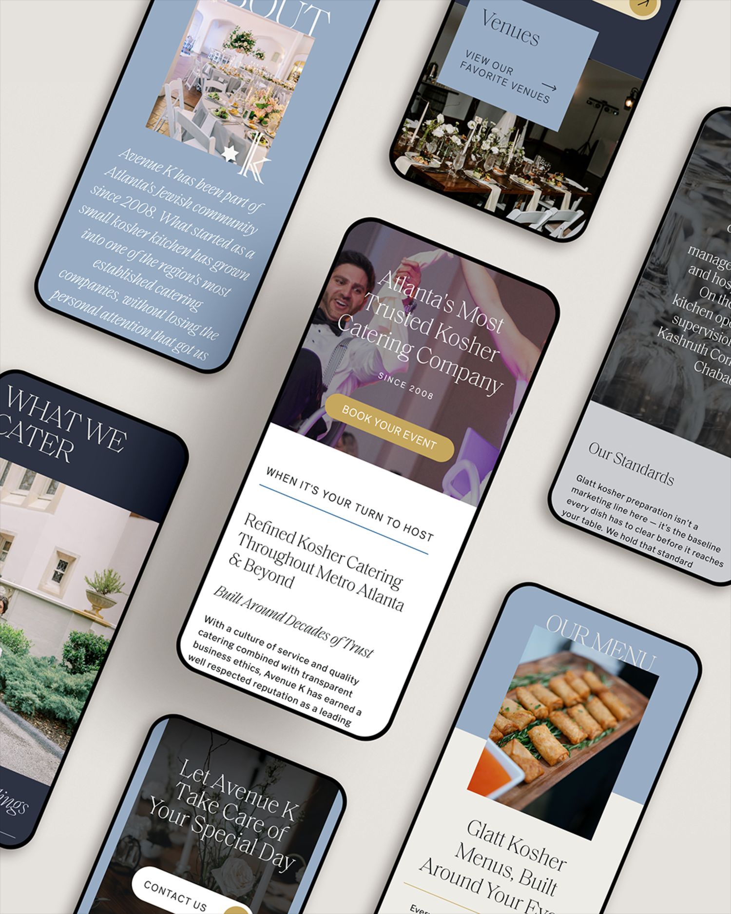 A collage of mobile phone screens displaying the Avenue K catering website, featuring images of event tables, a catering team, and food, alongside text about their kosher catering services.